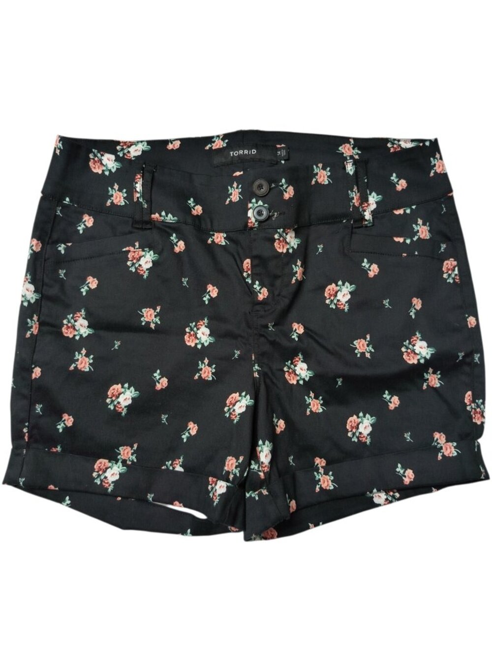 TORRID Size 14 Shorts Black Floral Pockets Cuff Mid Rise Cotton Blend EUC